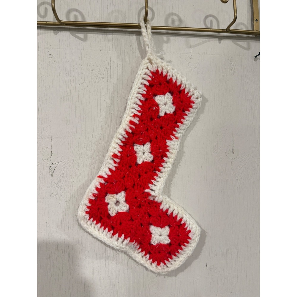 Vintage Handmade Crochet Christmas Stocking Red White Granny Square Holiday